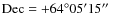 ${\rm Dec} =
+64^{\circ}05^{\prime}15\hbox{$^{\prime\prime}$ }$