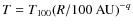 $T=T_{\rm 100}{({R}/{\rm 100~AU})}^{-q}$