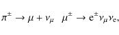 \begin{displaymath}\pi^\pm \to \mu + \nu_\mu ~~~ \mu^\pm\to {\rm e}^\pm \nu_\mu \nu_{\rm e} ,\end{displaymath}