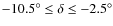 $-10.5^{\circ} \leq \delta \leq -2.5^{\circ}$