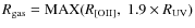 $R_{\rm gas}={\rm MAX}(R_{[{\rm OII}]},~1.9 \times R_{\rm UV})$