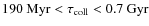 $190 ~ {\rm Myr} < \mathit{\tau_{\rm coll}}
< 0.7 ~ {\rm Gyr}$