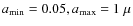 $a_{\rm min}=0.05, a_{\rm max}=1~\mu$