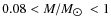 $0.08<M/M_{\hbox{$\odot$ }}<1$