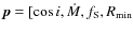 $\vec{p} = [\cos i, \dot{M}, f_{\rm S}, R_{\rm min}$