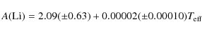\begin{displaymath}A(\rm Li)=2.09(\pm0.63) + 0.00002(\pm0.00010){\it T}_{\rm eff} \\
\end{displaymath}