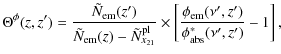 $\displaystyle \Theta^{\rm\phi}(z, z') =\frac{
\tilde{N}_{\rm em}(z')}
{\tilde{N...
...mes\left[\frac{\phi_{\rm em}(\nu',z')}{\phi^\ast_{\rm abs}(\nu',z')} -1\right],$