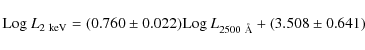 \begin{displaymath}%
{\rm Log}~L_{2~{\rm keV}}=(0.760\pm0.022) {\rm Log}~L_{2500~{\rm\AA}}+ (3.508\pm0.641)
\end{displaymath}