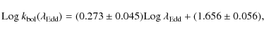 \begin{displaymath}%
{\rm Log}~k_{\rm bol}(\lambda_{\rm Edd}) = (0.273\pm0.045){\rm Log}~\lambda_{\rm Edd}+ (1.656\pm0.056),~~
\end{displaymath}