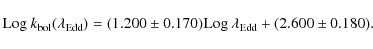 \begin{displaymath}%
{\rm Log}~k_{\rm bol}(\lambda_{\rm Edd}) = (1.200\pm0.170){\rm Log}~\lambda_{\rm Edd}+ (2.600\pm0.180).~~
\end{displaymath}