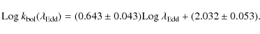\begin{displaymath}%
{\rm Log}~k_{\rm bol}(\lambda_{\rm Edd}) = (0.643\pm0.043){\rm Log}~\lambda_{\rm Edd}+ (2.032\pm0.053).~~
\end{displaymath}