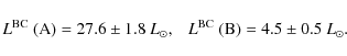\begin{displaymath}L^{\rm BC}~({\rm A}) = 27.6 \pm 1.8\ L_\odot,\ \ \ L^{\rm BC}~({\rm B}) = 4.5 \pm 0.5\ L_\odot.
\end{displaymath}