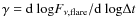 $\gamma = \mbox{d~log} F_{\nu,\rm flare}/\mbox{d~log} \Delta t$