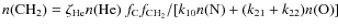$ n({\rm CH}_{2}) =
{\zeta_{\rm He}n({\rm He})~ f_{\rm C}f_{\rm
CH_2}/[k_{10}n({\rm
N})+(k_{21}+k_{22})n({\rm O})}]$