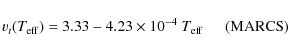 \begin{displaymath}v_t(T_{\rm eff}) = 3.33 - 4.23 \times 10^{-4} ~T_{\rm eff} \hspace*{5mm} {\rm (MARCS)}
\end{displaymath}