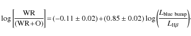 \begin{displaymath}
\log{\left[\!\frac{\rm WR}{({\rm WR} \!+\! {\rm O})}\!\right...
...t(\!\frac{L_{\rm blue\ bump}}{L_{{\rm H\beta}}}\!\right)}\cdot
\end{displaymath}