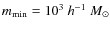 $m_{\rm min}=10^3~h^{-1}~M_\odot$