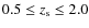 $0.5 \leq z_{\rm s} \leq 2.0$