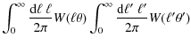 $\displaystyle \int_{0}^{\infty}\frac{{\rm d}\ell~\ell}{2\pi}W(\ell\theta)
\int_{0}^{\infty}\frac{{\rm d}\ell'~\ell'}{2\pi}W(\ell'\theta')$