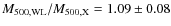 $M_{500,{\rm WL}}/M_{500,{\rm X}}=1.09 \pm 0.08$
