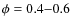 $\phi =
0.4{-}0.6$
