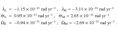 \begin{eqnarray*}\dot{\lambda}_{\rm E} &=& -1.15 \times \mbox{$10^{-11}$\space r...
..._{\rm M} = -2.69 \times \mbox{$10^{-11}$\space rad yr$^{-1}$ } .
\end{eqnarray*}