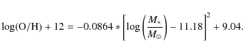 \begin{displaymath}\log({\rm O/H}) +12=-0.0864*\left[\log\left( \frac{M_{*}}{M_{\odot}}\right) -11.18\right]^{2}+9.04.
\end{displaymath}