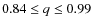 $0.84 \leq q \leq 0.99$