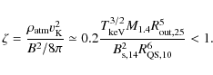 \begin{displaymath}
\zeta=\frac{\rho_{\rm atm}v_{\rm K}^2}{B^2/8\pi} \simeq 0.2...
...1.4}R_{\rm out, 25}^5}{B_{\rm s, 14}^2 R_{\rm QS, 10}^6} < 1 .
\end{displaymath}