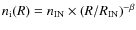 $n_{\rm i}(R)=n_{\rm IN} \times (R/R_{\rm IN})^{-\beta}$