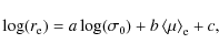 \begin{displaymath}\log(r_{\rm e})=a\log(\sigma_{0})+b\left\langle \mu\right\rangle _{\rm e}+c,
\end{displaymath}