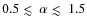 $0.5 \mathrel{\hbox{\rlap{\hbox{\lower4pt\hbox{$\sim$ }}}\hbox{$<$ }}}\alpha \mathrel{\hbox{\rlap{\hbox{\lower4pt\hbox{$\sim$ }}}\hbox{$<$ }}}1.5$