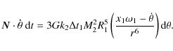 \begin{displaymath}{\vec N}\cdot\mathbf{\dot{\theta}}~{\rm d}t=3Gk_2 \Delta t_1 ...
...t( \frac{x_1 \omega_1 -\dot{\theta}}{r^6}\right){\rm d}\theta.
\end{displaymath}