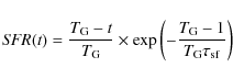 \begin{displaymath}{\it SFR(t)}=\frac{T_{\rm G}-t}{T_{\rm G}}\times \exp\left({-\frac{T_{\rm G}-1} {T_{\rm G}{\tau}_{\rm sf} }}\right)
\end{displaymath}
