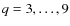 $q=3,\dots,9$