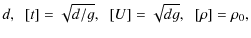 $\displaystyle d,\;\; [t] = \sqrt{d/g},\;\; [U]=\sqrt{dg},\;\; [\rho]=\rho_0 ,$