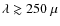 $\lambda \gtrsim 250~\mu$