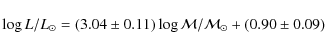 \begin{displaymath}%
\log L / L_\odot = (3.04\pm0.11) \log \mathcal{M} / \mathcal{M}_\odot +
(0.90\pm0.09)
\end{displaymath}