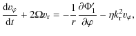 $\displaystyle \frac{{\rm d}v_\varphi}{{\rm d}t} + 2 \Omega v_{\rm r} =
- \frac{...
...} \frac{\partial \Phi_1^\prime}{\partial \varphi} - \eta k_{\rm r}^2 v_\varphi,$