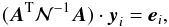 \begin{equation} (\vec A^\mathrm{T} \mathcal N^{-1}\vec A) \cdot {\vec y}_i = \vec e_i, \end{equation}