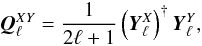 \begin{equation} \label{eq:pseudo_cl} \vec{Q}_\ell^{XY} = \frac{1}{2\ell+1} \left(\vec{Y}_\ell^X\right)^{\dagger}\vec{Y}_\ell^Y,\rm{} \end{equation}