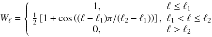 \begin{equation} \label{eq:teasingbeam} W_\ell = \left\{ \begin{array}{cl} 1, & \ell \leq \ell_1 \\ \frac{1}{2}\left[ 1+\cos\left((\ell-\ell_1)\pi/(\ell_2-\ell_1)\right)\right], & \ell_1 < \ell \leq \ell_2 \\ 0, & \ell > \ell_2 \end{array} \right. \end{equation}