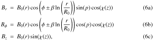 \begin{subequations} \label{eq:BSS} \begin{eqnarray} \label{eq:BSS_r} B_{r} &=& B_{0}(r)\cos \left( \phi \pm \beta \ln \left( \frac{r}{R_{0}} \right) \right) \sin(p)\cos(\chi(z)) \\ \label{eq:BSS_phi} B_{\phi} &=& B_{0}(r)\cos \left( \phi \pm \beta \ln \left( \frac{r}{R_{0}} \right) \right) \cos(p) \cos(\chi(z))\\ \label{eq:BSS_z} B_{z} &= &B_{0}(r) \sin(\chi(z)), \end{eqnarray} \end{subequations}