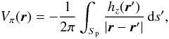 \begin{eqnarray} V_{\po}(\r) = -\frac{1}{2\pi} \int_{S_{\rm p}}\frac{{h_{z}(\r')}}{\abs{\r-\r'}}\is' , \label{zeta} \end{eqnarray}