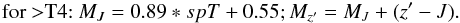 $$\mbox{ for $>$T4: }M_J=0.89*spT+0.55; M_{z'}=M_{J}+(z'-J).$$