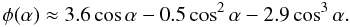 \begin{equation} \label{u2_13} \phi(\alpha) \approx 3.6 \cos\alpha - 0.5 \cos^2\alpha - 2.9 \cos^3\alpha. \end{equation}