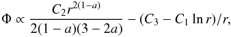 \begin{equation} % \Phi\propto\frac{C_{2}r^{2(1-a)}}{2(1-a)(3-2a)}-(C_{3}-C_{1}\ln{r})/r, \label{eq:phiiter} \end{equation}