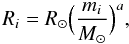\begin{equation} R_i = R_\odot \Big( \frac{m_i}{M_\odot} \Big)^{a}, \end{equation}