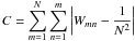 \begin{equation} % \label{eq:def:Manhattan_dist_constant} C = \sum_{m=1}^N\sum_{n=1}^m \left|W_{mn}-\frac{1}{N^2}\right| \end{equation}