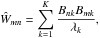\begin{equation} % \label{eq:bipartite_graph_model} \hat W_{mn} = \sum_{k=1}^K \frac{B_{nk}B_{mk}}{\lambda_k}, \end{equation}